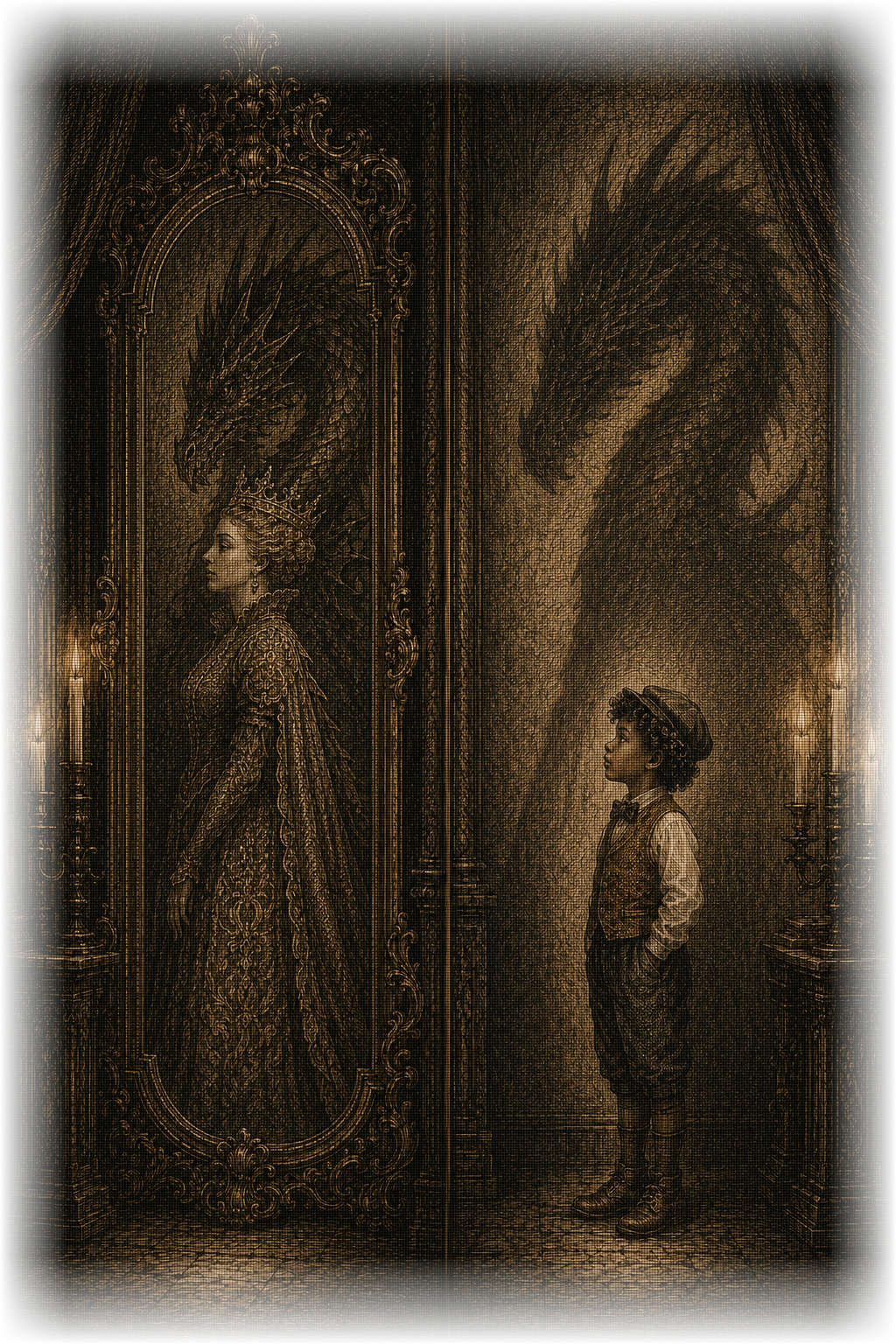 Diptychon: links eine Königin, deren Spiegelbild zum Drachen wird; rechts ein Junge, auf den derselbe Drache als Schatten fällt