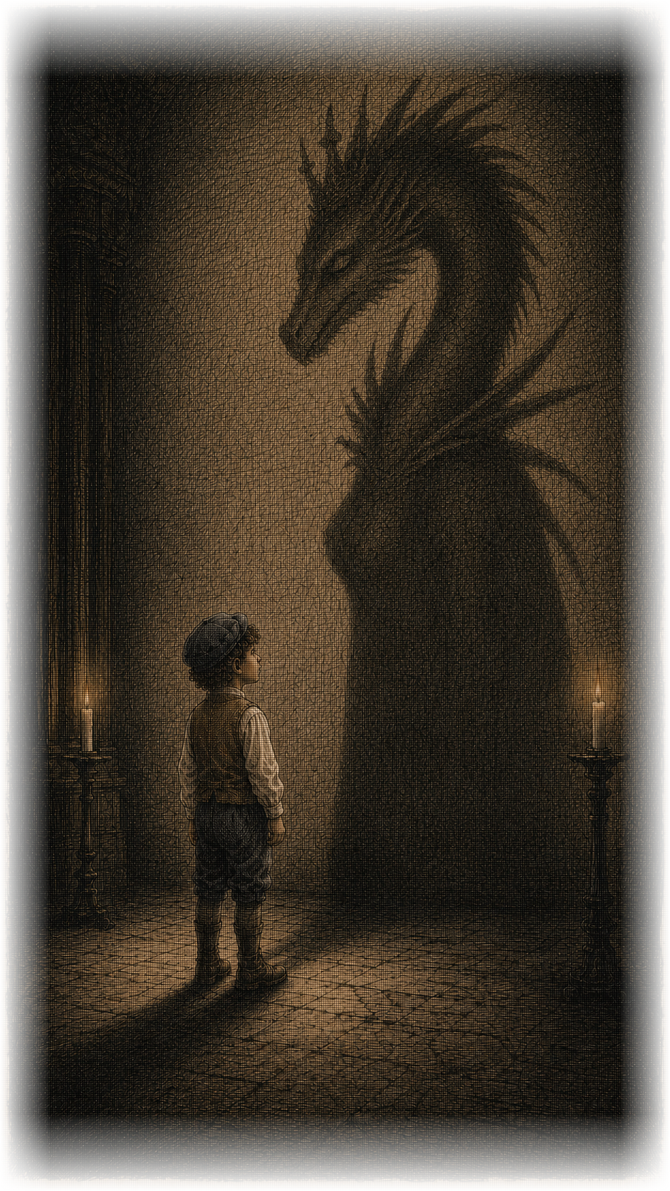 Ein kleiner Junge, hinter ihm an der Wand ein riesiger Drachen-Schatten