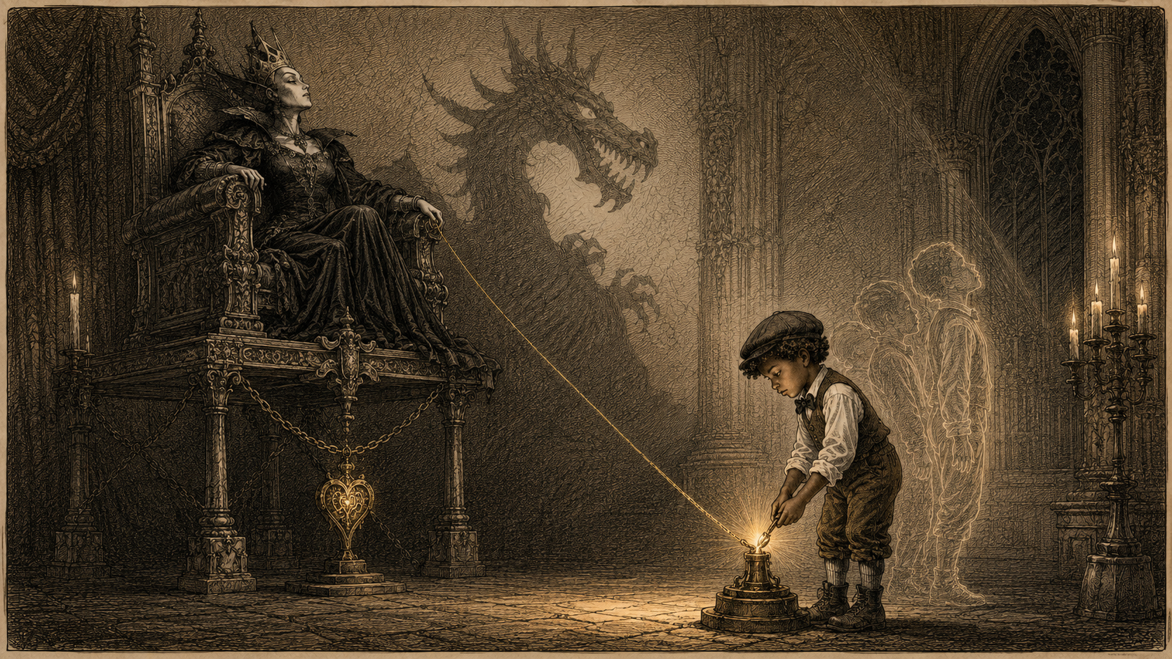 Kupferstich: Herr und Knecht — die thronende Drachen-Königin und das Kind mit dem eigenen Licht