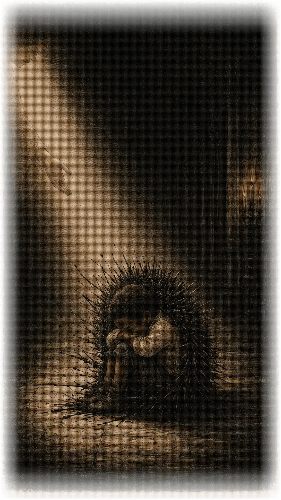 Ein Kind, eingerollt wie ein Igel aus Tinten-Stacheln, ein sanfter Lichtstrahl findet es