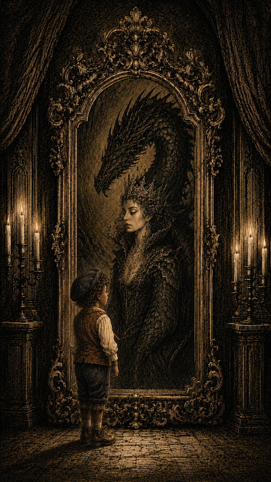 Ein Kind vor einem Spiegel, dessen Reflexion eine gekrönte Drachen-Königin ist